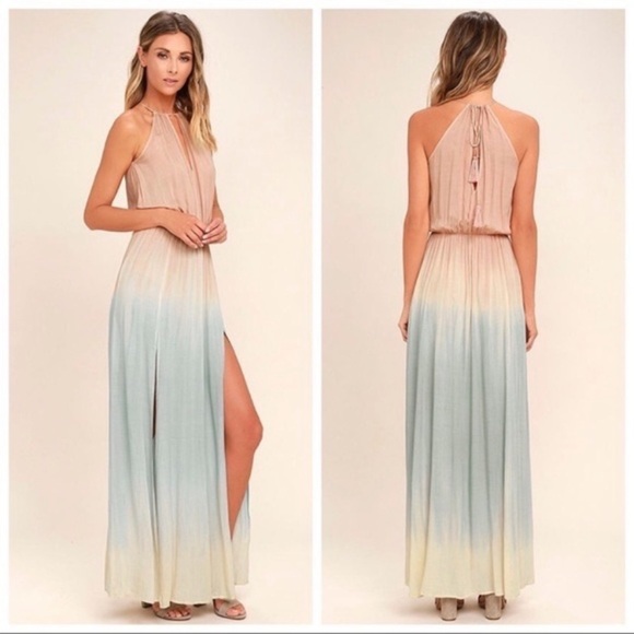 Lulus Size M Sweet Sunset Ombre Dip Dyed Halter Maxi Dress Blue Blush Cream - Picture 1 of 15